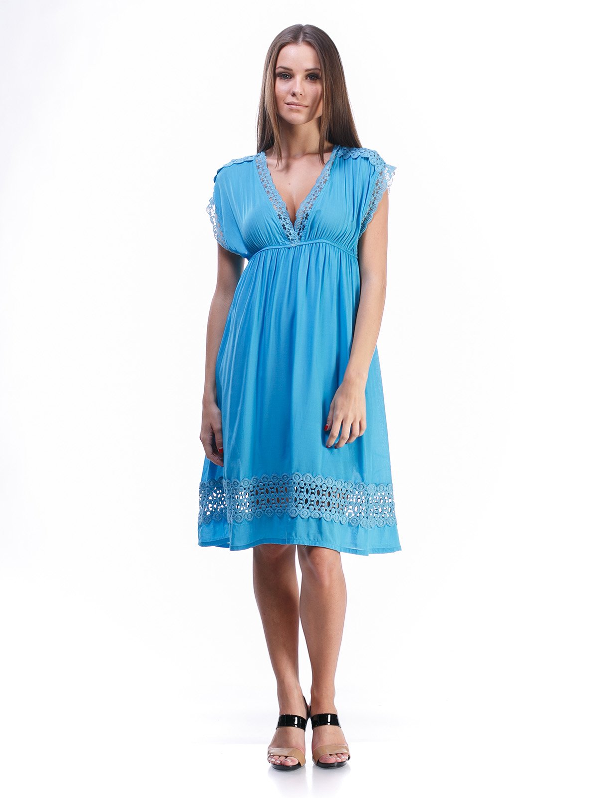 Платье голубое с кружевной отделкой и завязкой | 492894