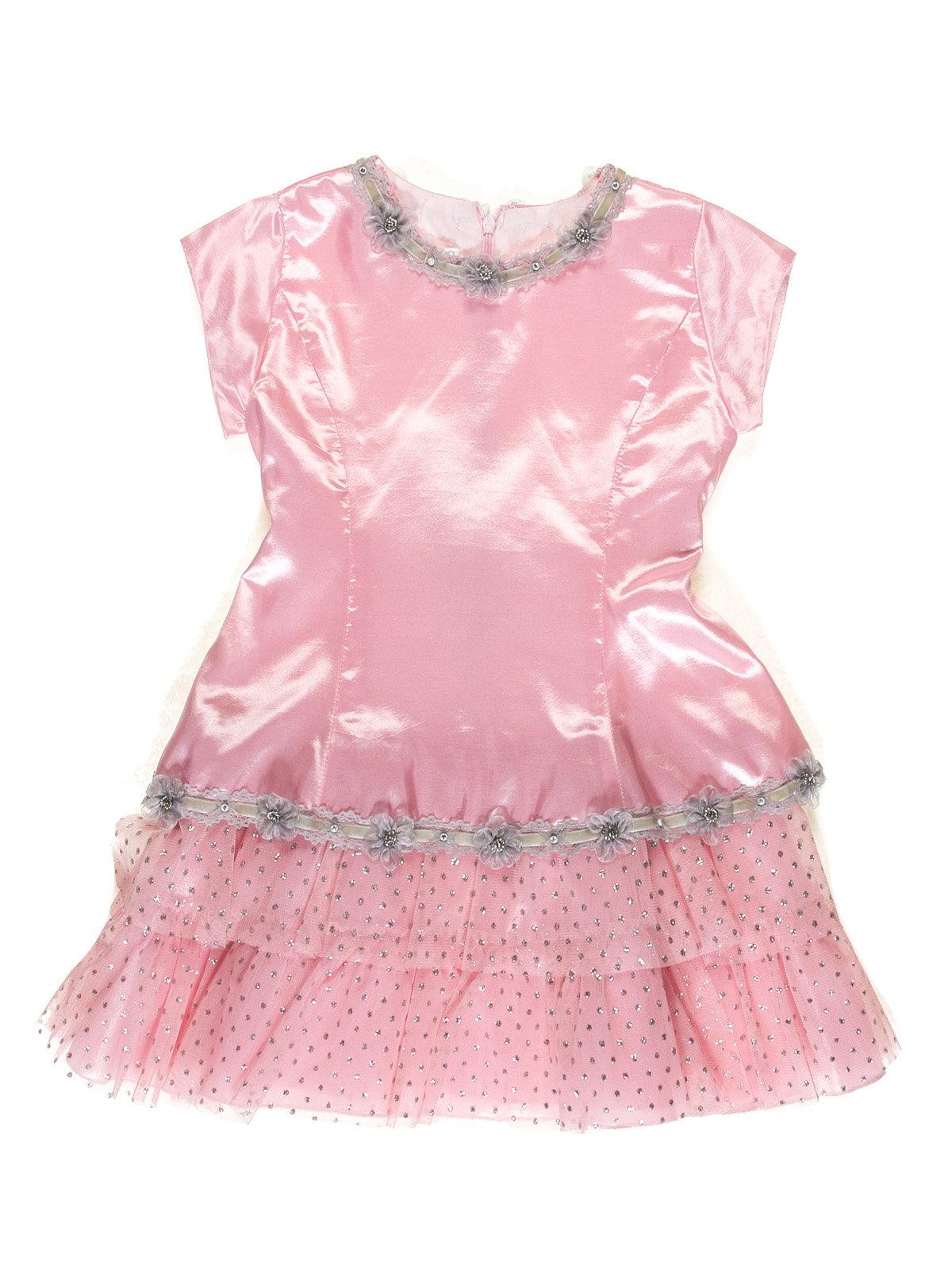 Платье розово-серое в горох с декором | 3201871