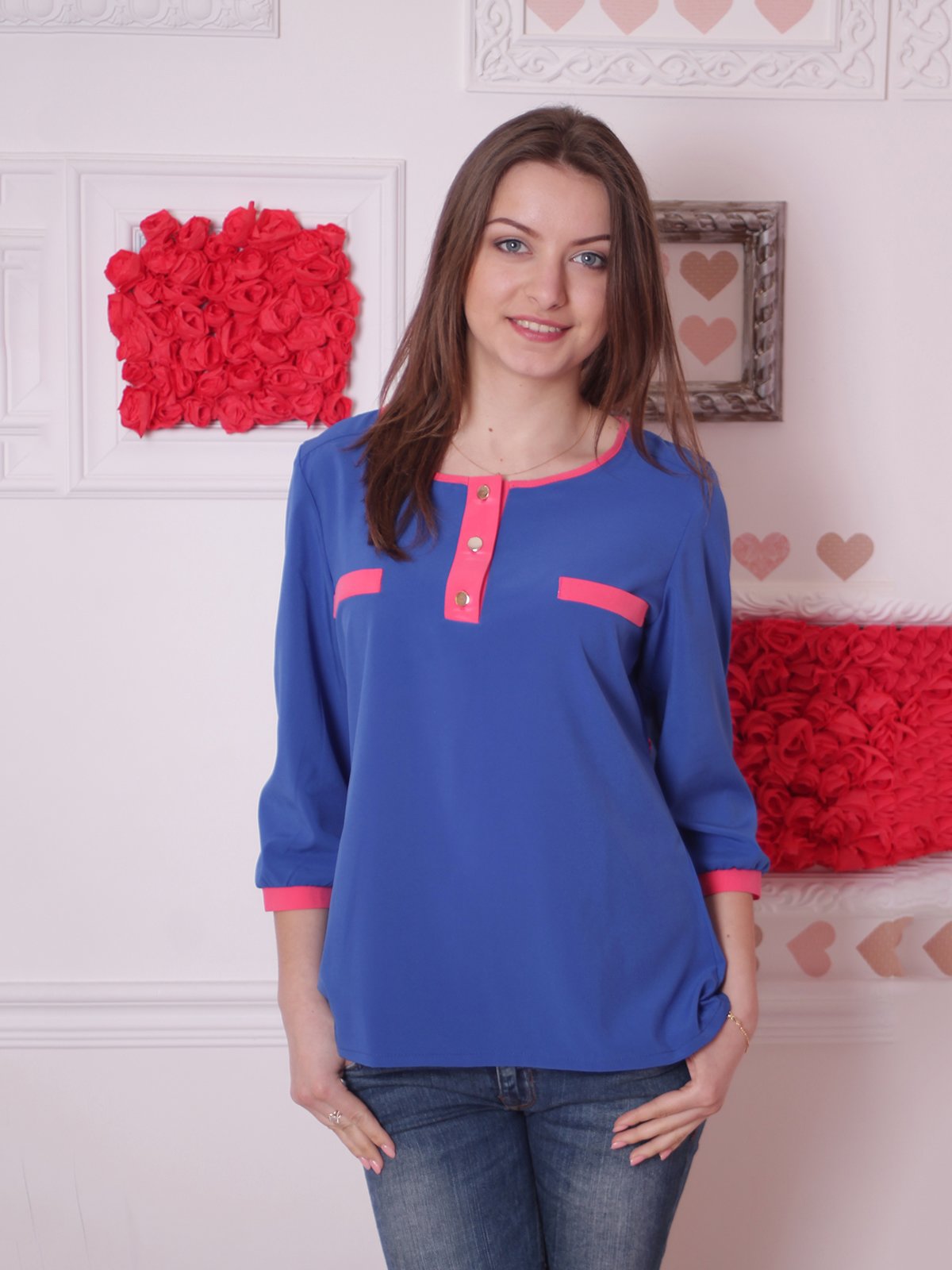 Блуза синяя с розовыми вставками | 2279022