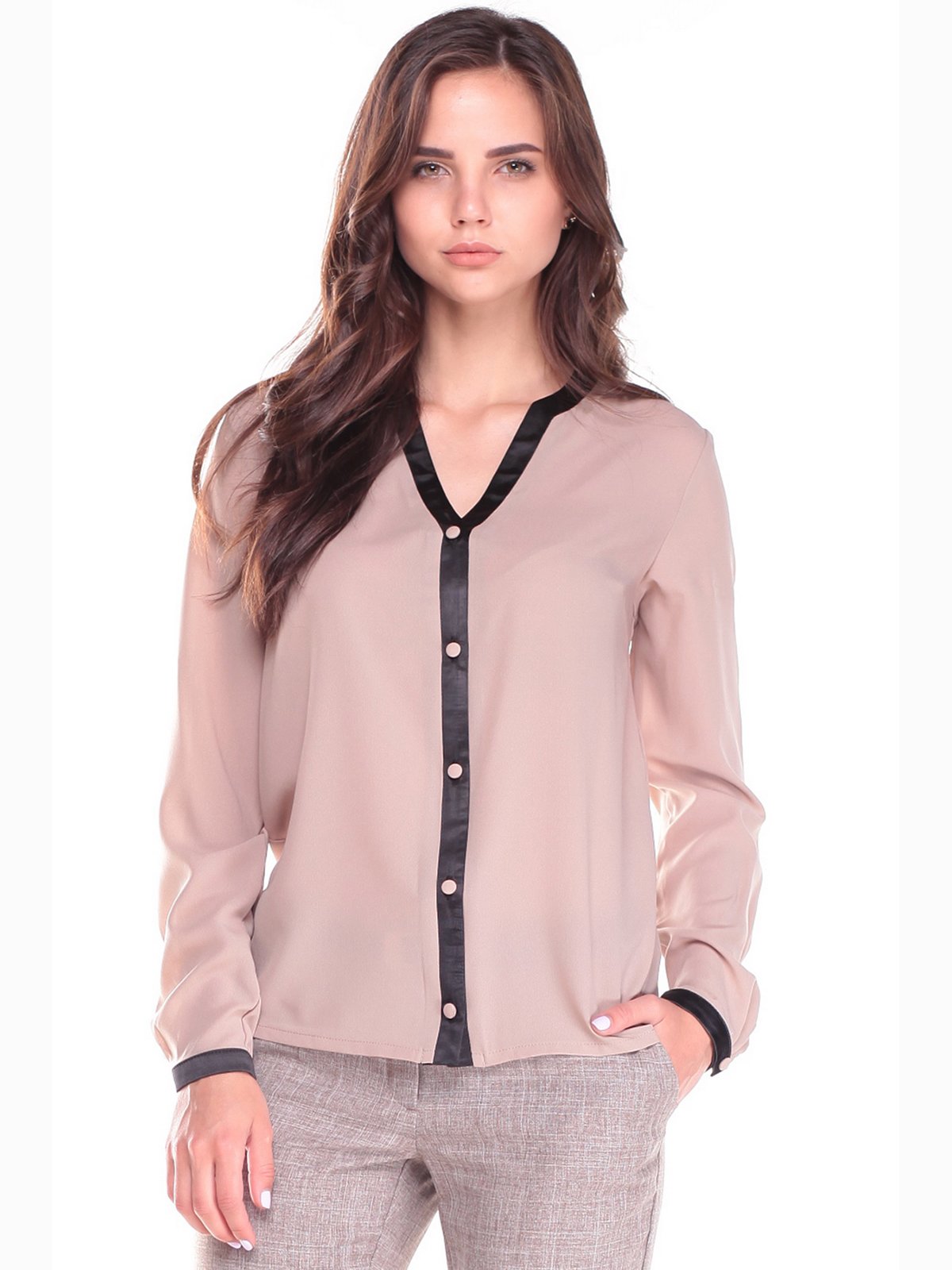 Блуза кольору мокко з контрастним оздобленням | 2491705