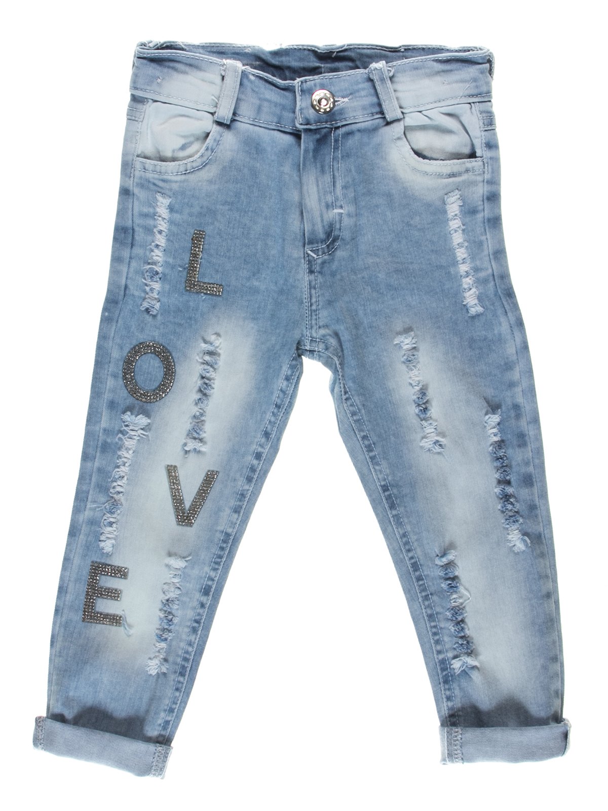 Капри голубые джинсовые с эффектом потертых и рваных | 3077616