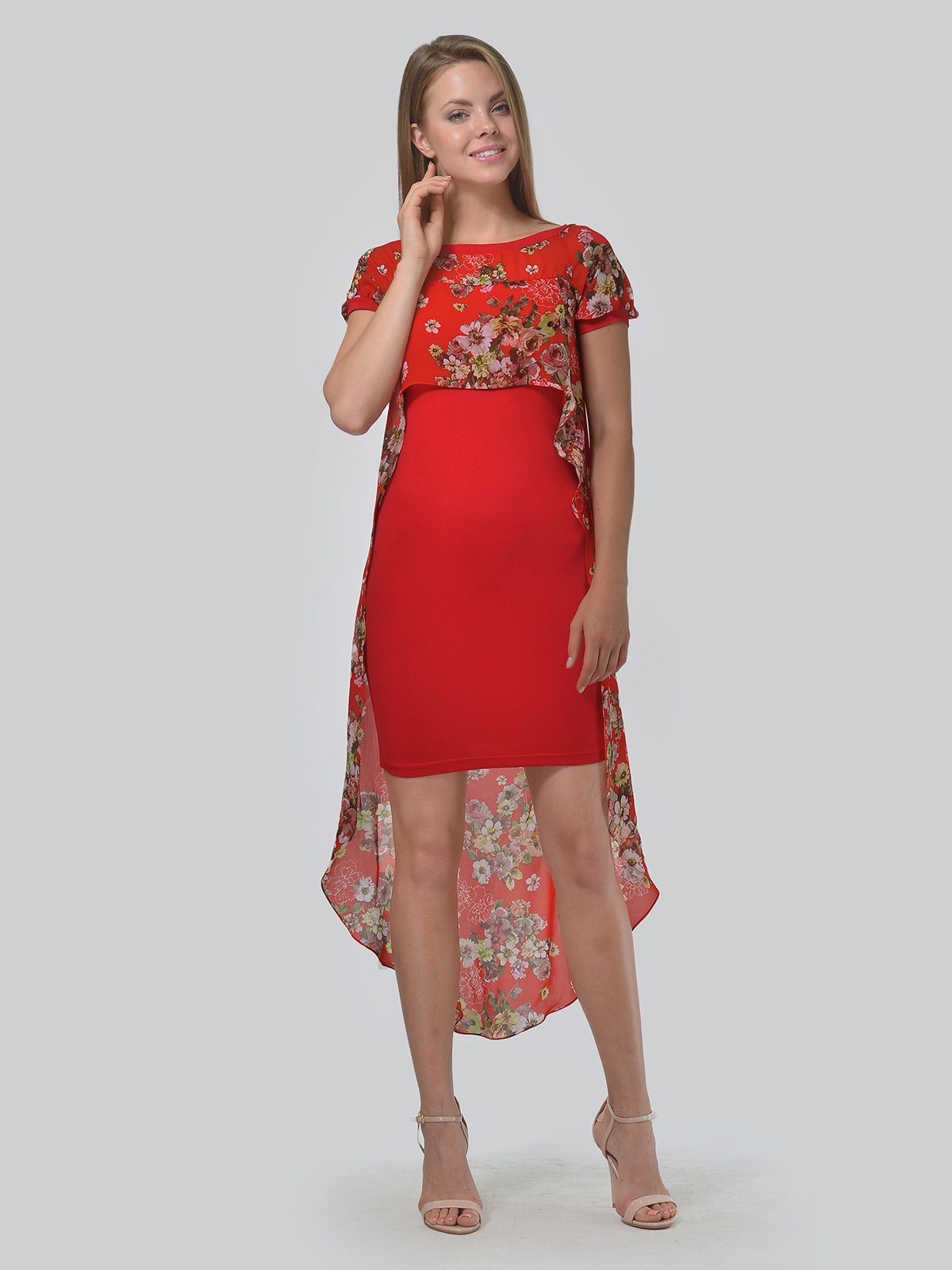 Сукня червона з квітковим принтом | 3498278