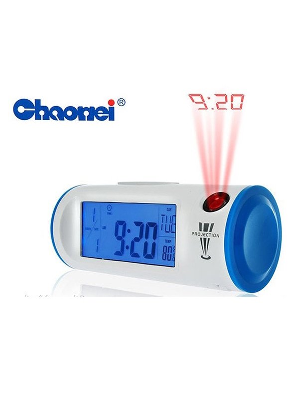 Часы будильник с проекцией времени и температуры на потолок, серебро