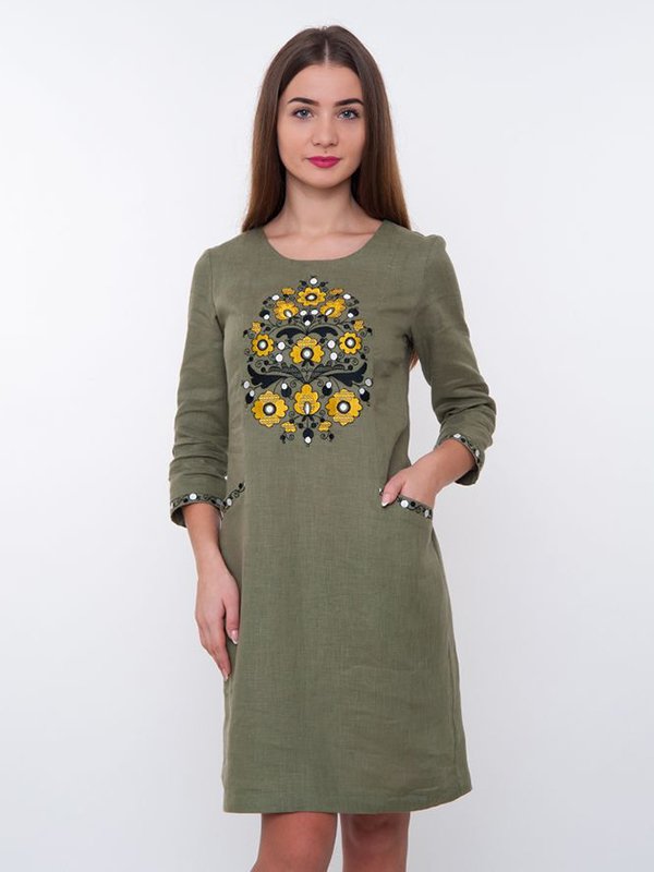 Платье оливкового цвета с вышивкой | 3238459