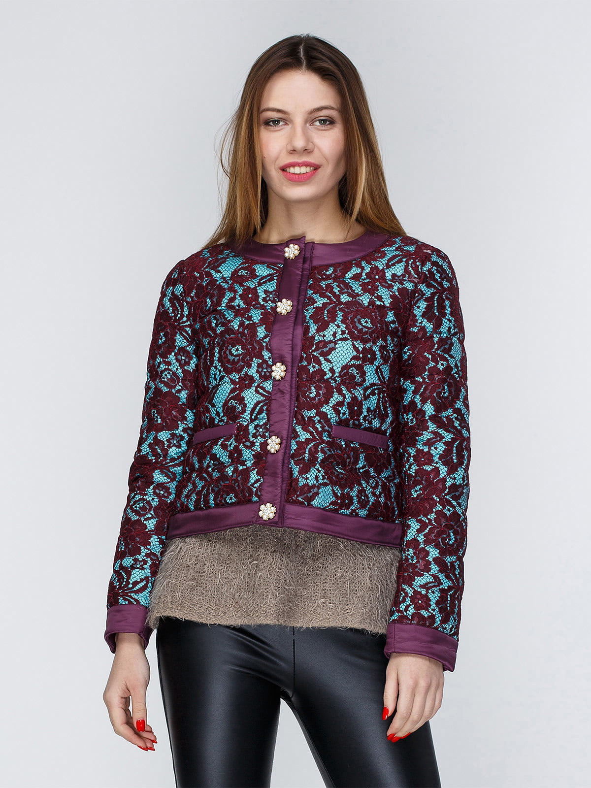 Куртка фиолетово-бирюзовая с цветочным рисунком | 3958922