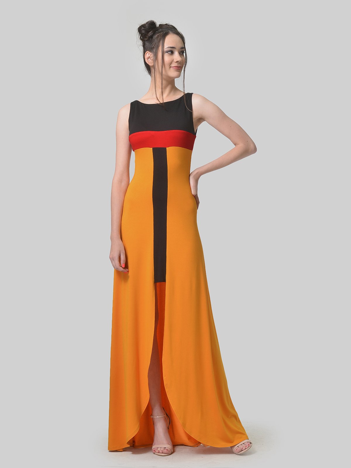 Сукня гірчичного кольору з контрастними вставками | 4142170