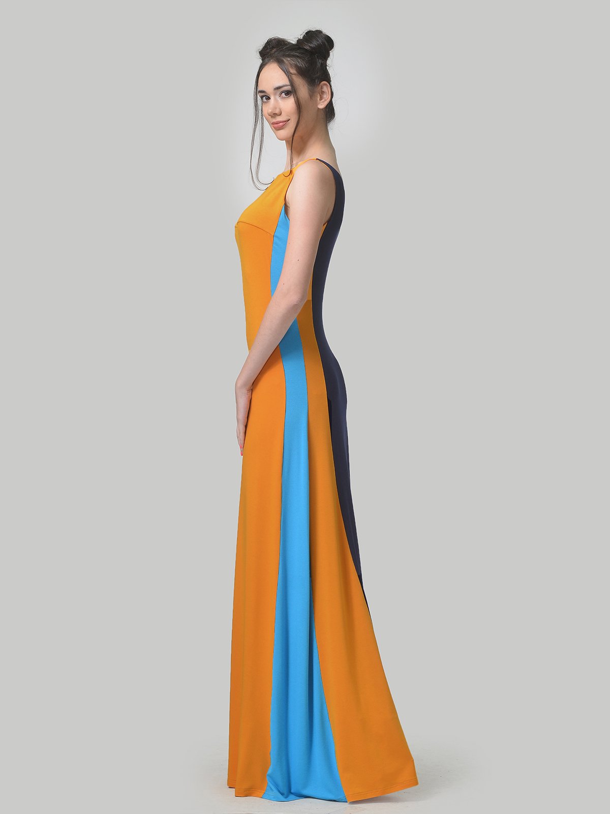 Сукня гірчично-синього кольору з контрастними вставками | 4142243