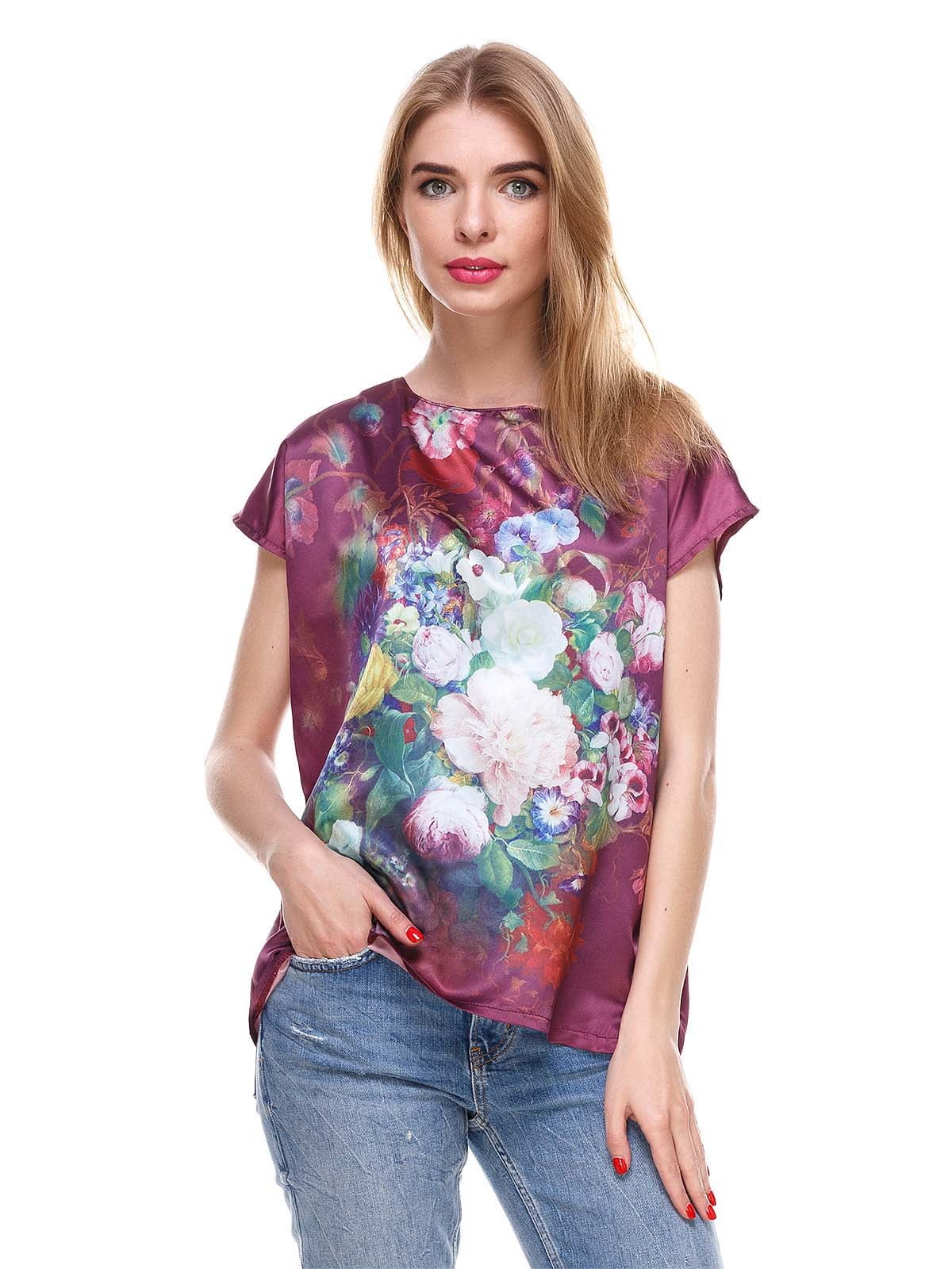 Блуза кольору марсала з квітковим принтом | 4281119