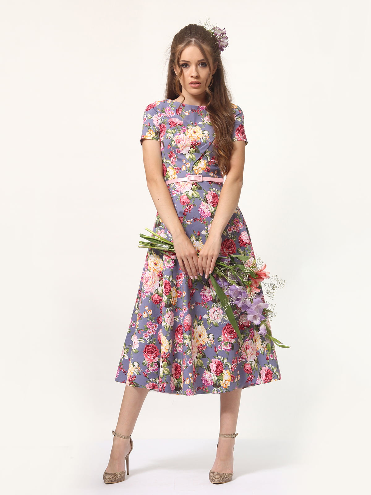 Сукня сіро-фіолетова в квітковий принт | 4365909