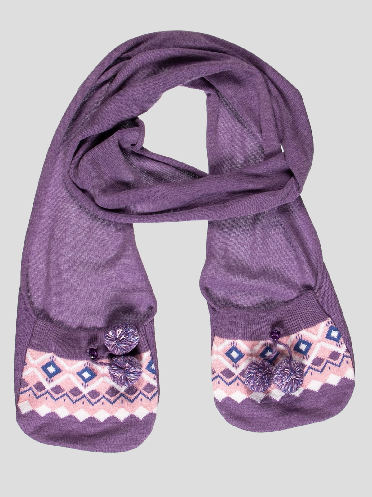 Шарф фиолетовый с орнаментом и помпонами | 1422347