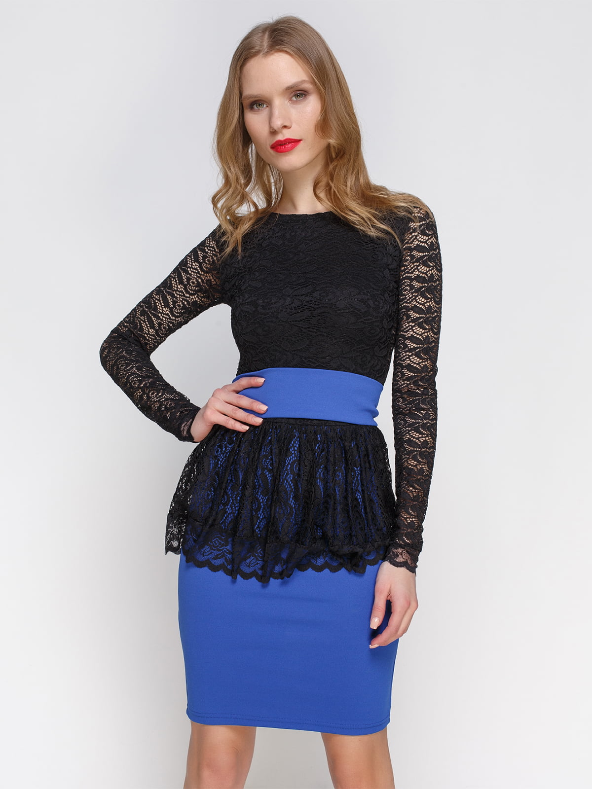 Сукня синьо-чорна з баскою | 2003585