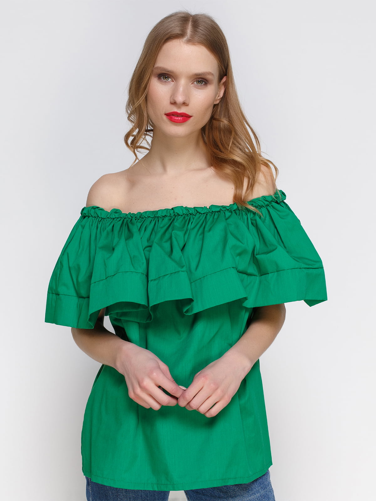 Блуза зеленая с открытыми плечами | 2293422