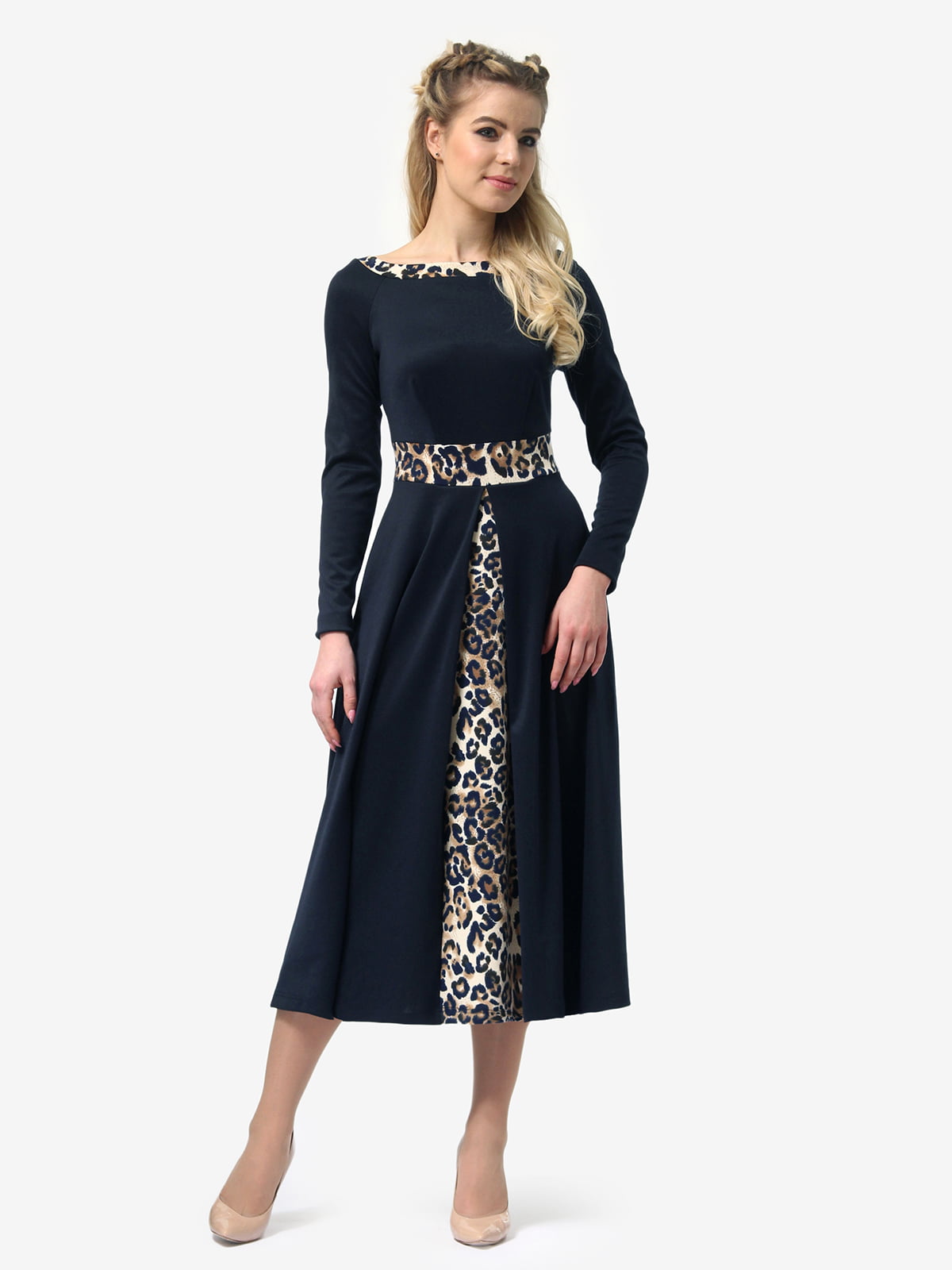 Сукня темно-синя з леопардовими вставками | 4913308