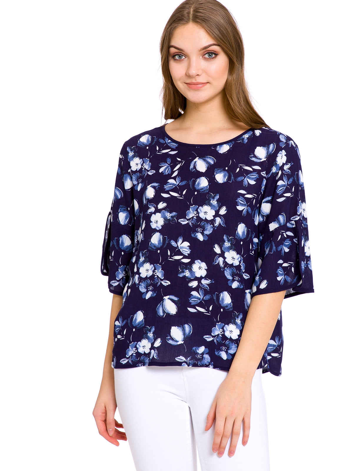 Блуза синя в квітковий принт | 4929698