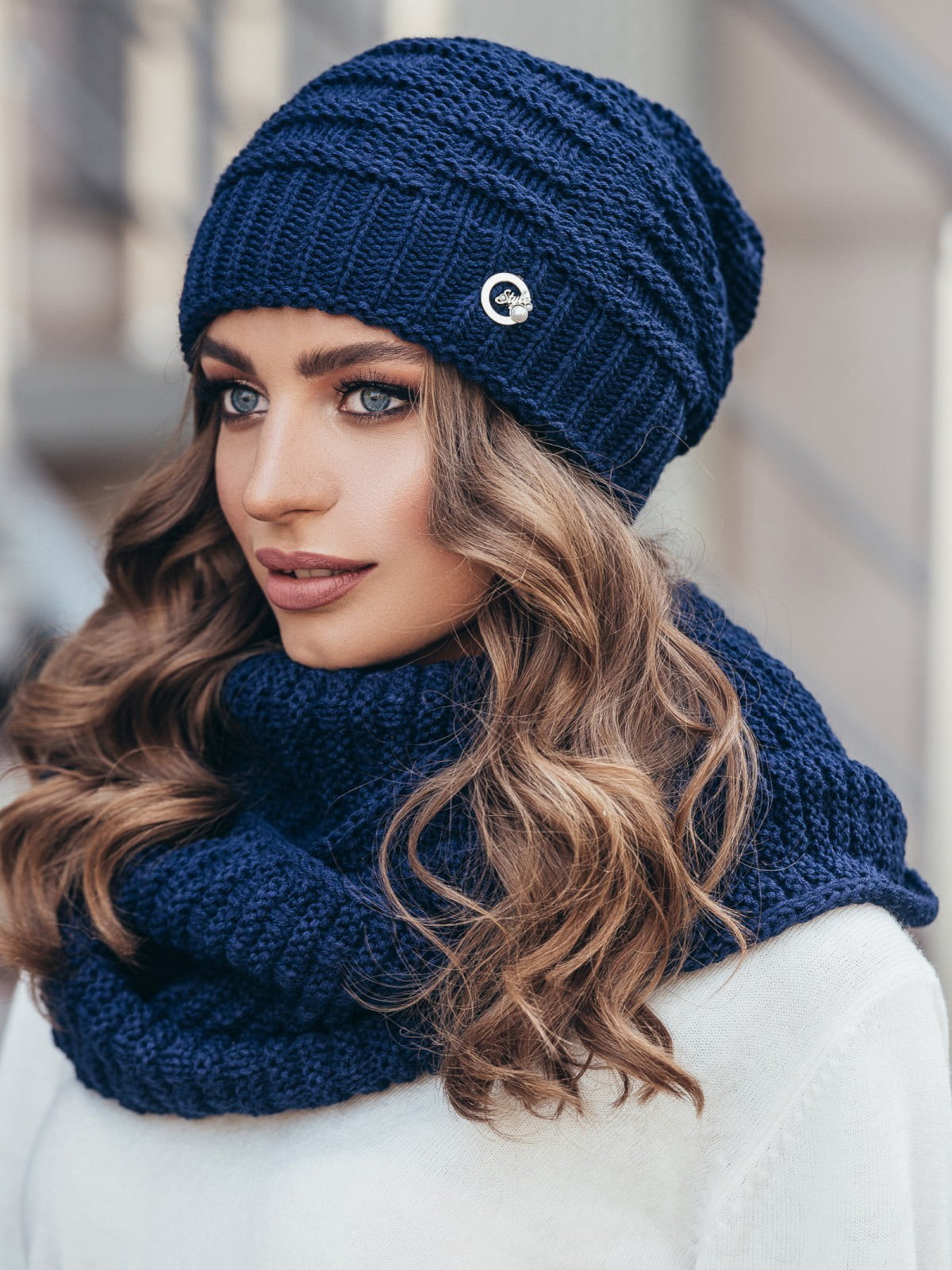 Синий комплект (шапка+шарф+варежки) Landre Лариса