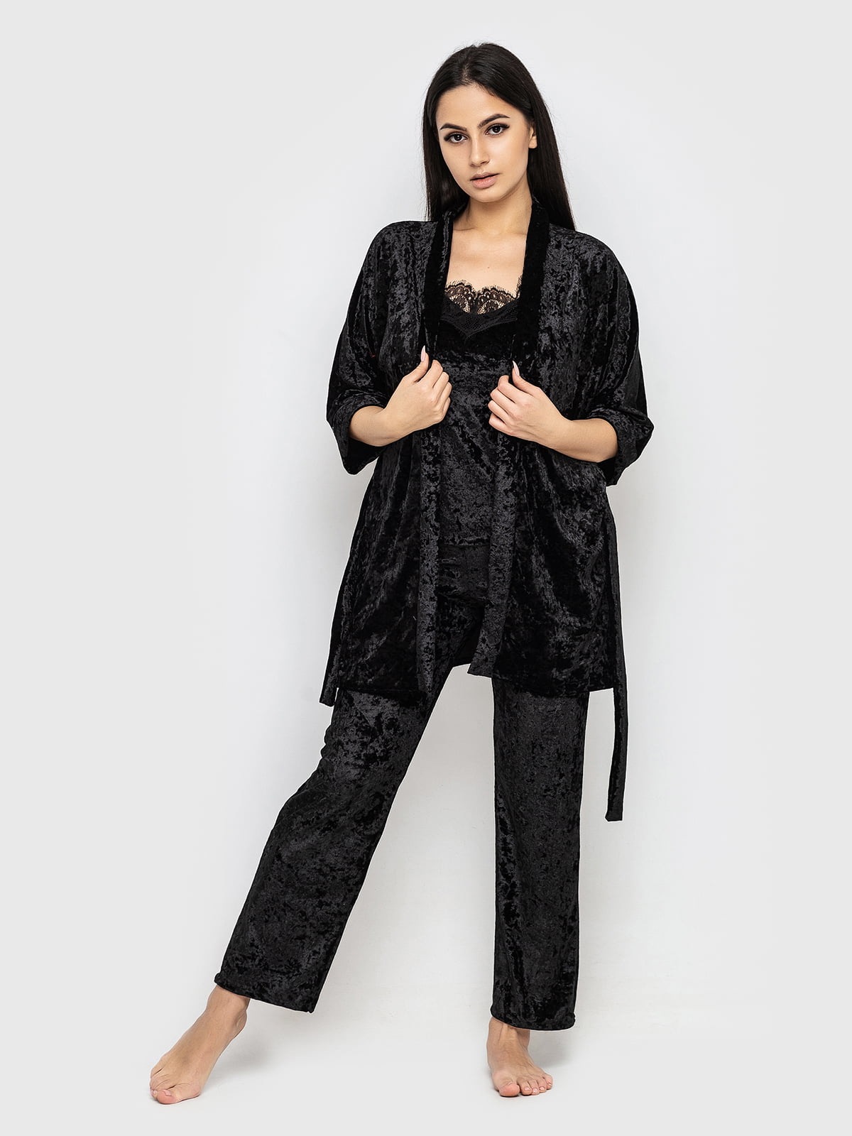 Комплект пижамный: майка, брюки и халат | 5363875