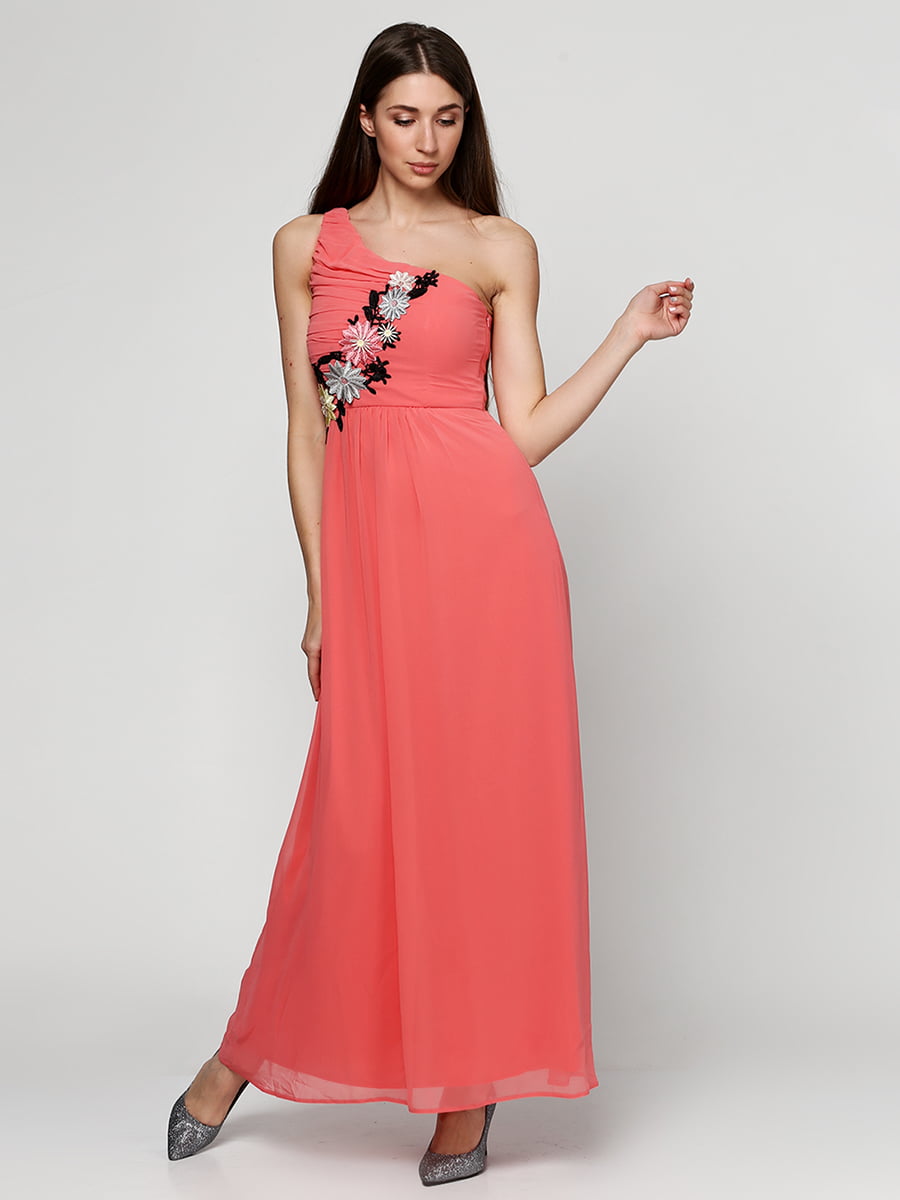 Платье кораллового цвета с декором | 5399328