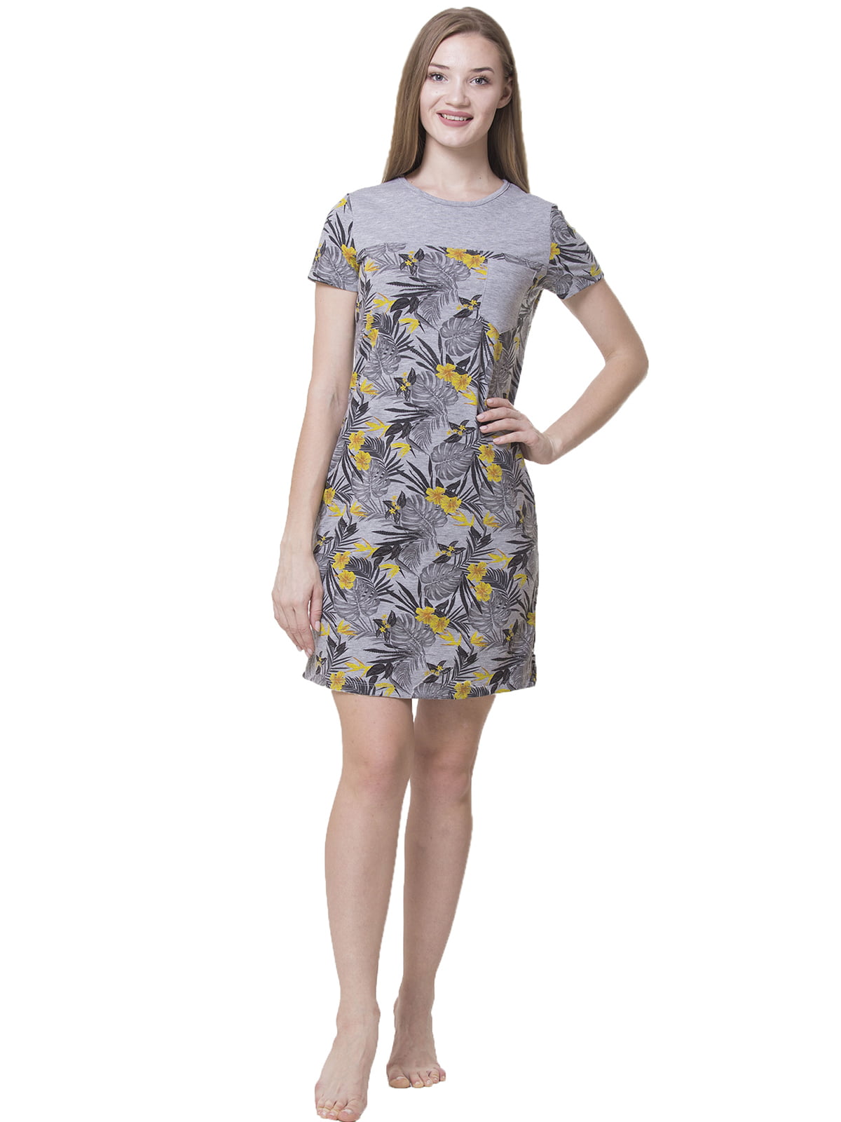 Сукня домашня сіро-жовтого кольору з рослинним принтом | 5440703