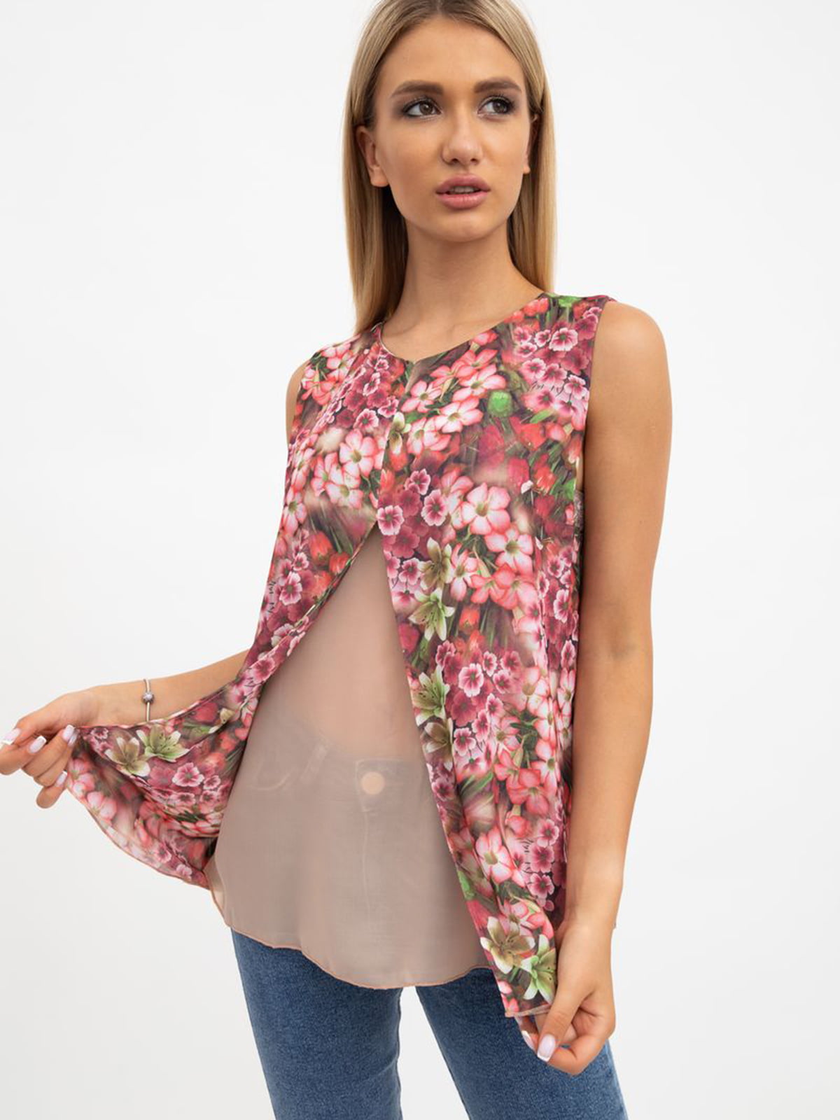 Блуза рожево-бежева в квітковий принт | 5484275