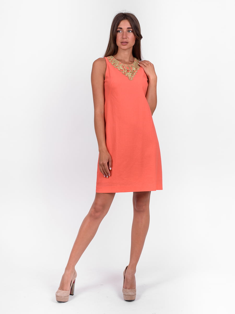 Сукня коралового кольору з декором | 5502901