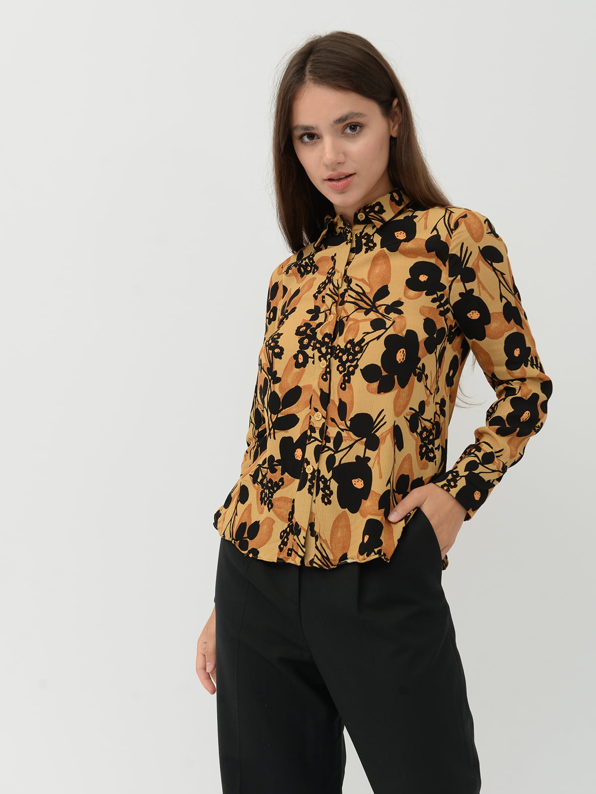 Блуза коричнева в квітковий принт | 5515522