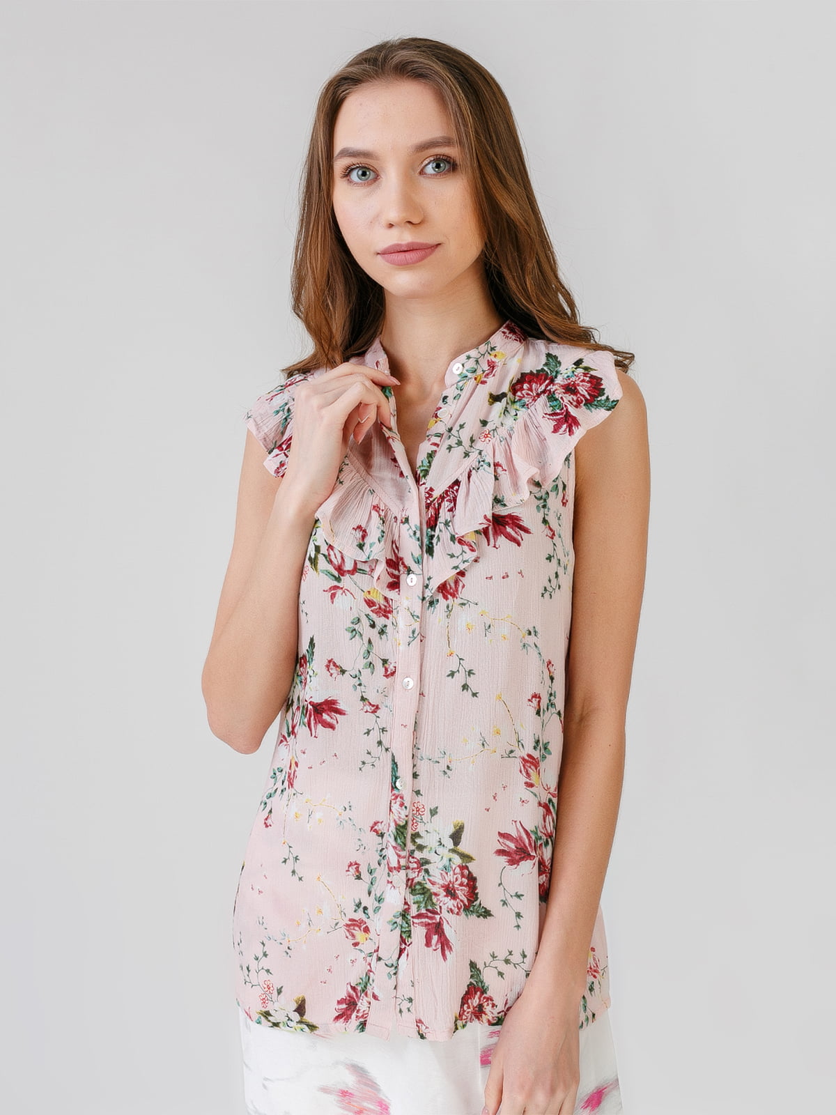 Блуза-рубашка розовая с цветочным принтом | 5609541