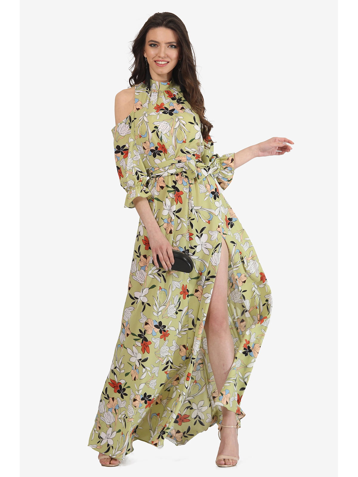 Платье оливкового цвета с цветочным принтом | 5627099