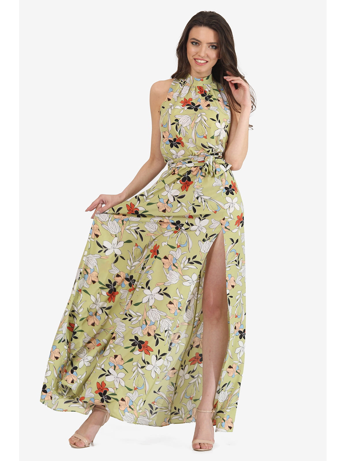 Платье оливкового цвета с цветочным принтом | 5627109