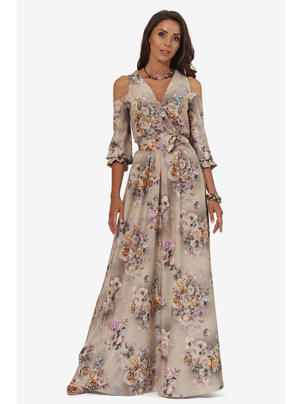 Платье бежевое с цветочным принтом | 5627112