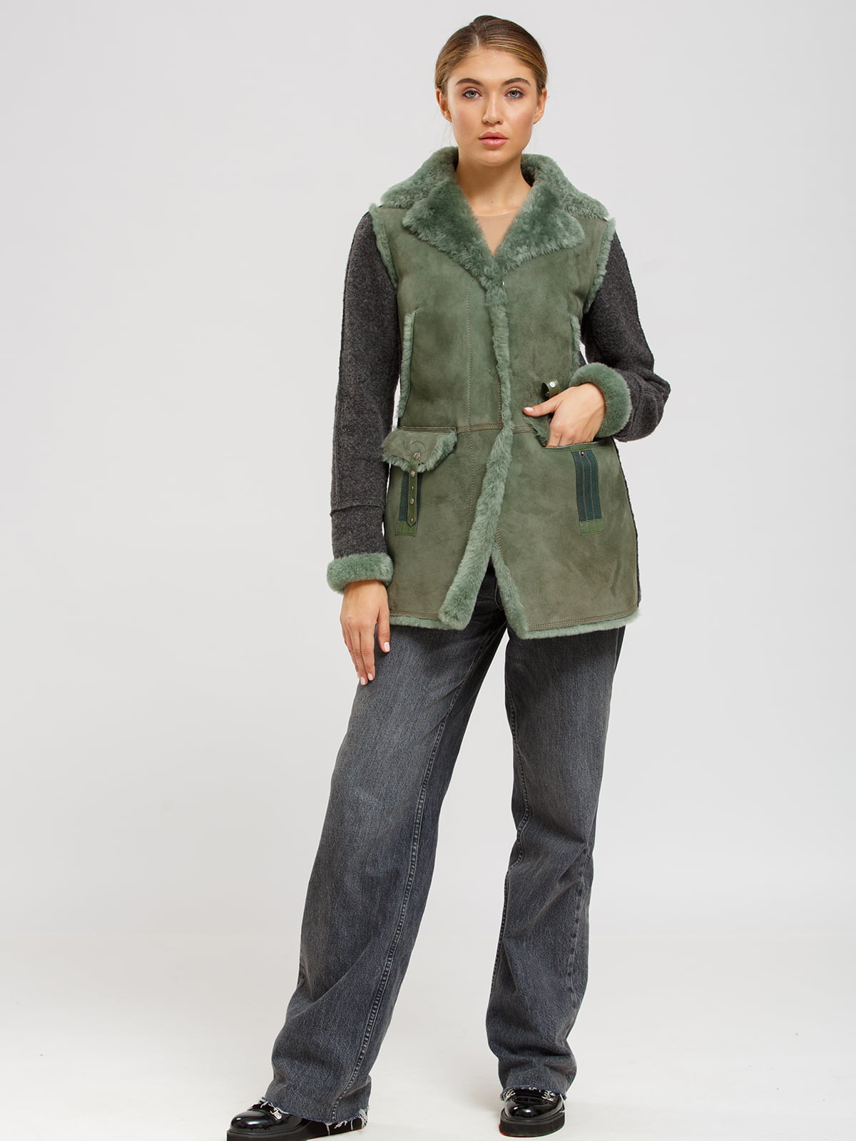 Куртка-дубленка серо-зеленая | 5629520