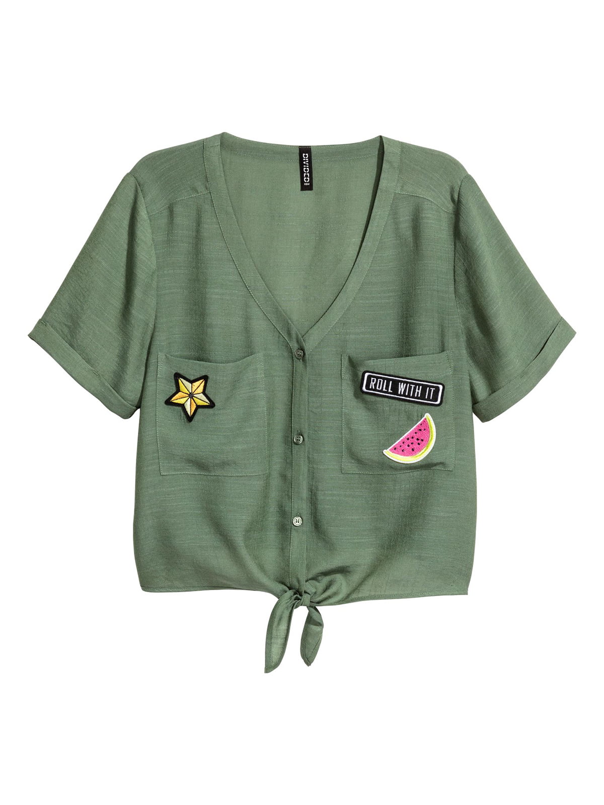 Блуза-топ кольору хакі з аплікаціями | 5677156