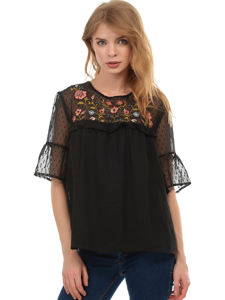 Блуза черная с цветочной вышивкой | 5726397