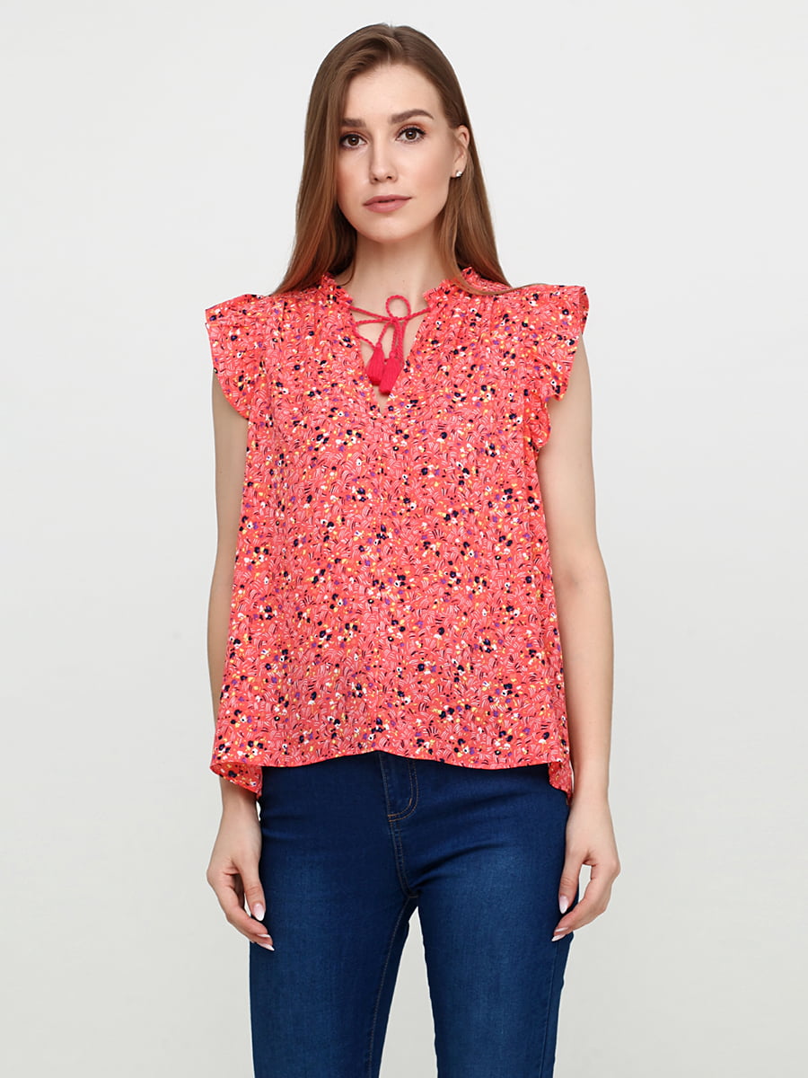 Блуза кораллового цвета в цветочный принт | 5729570