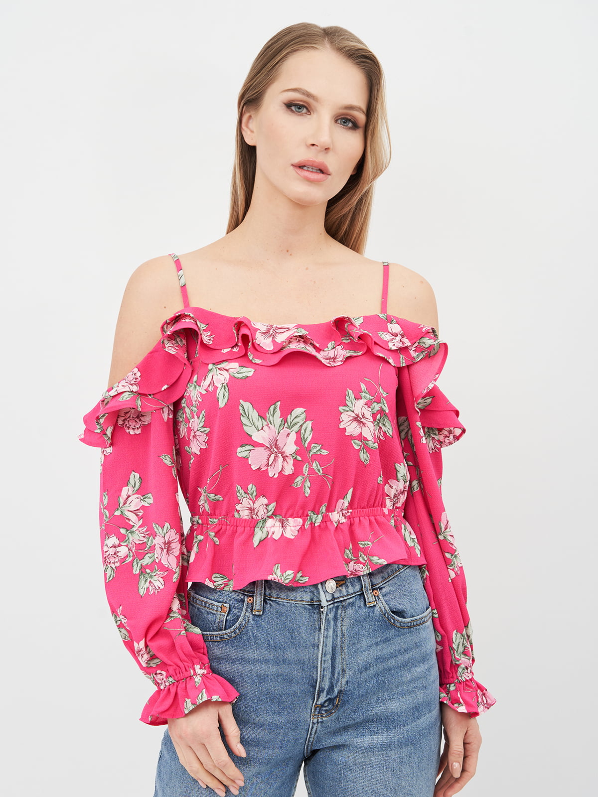 Блуза яскраво-рожева з квітковим принтом | 5711541