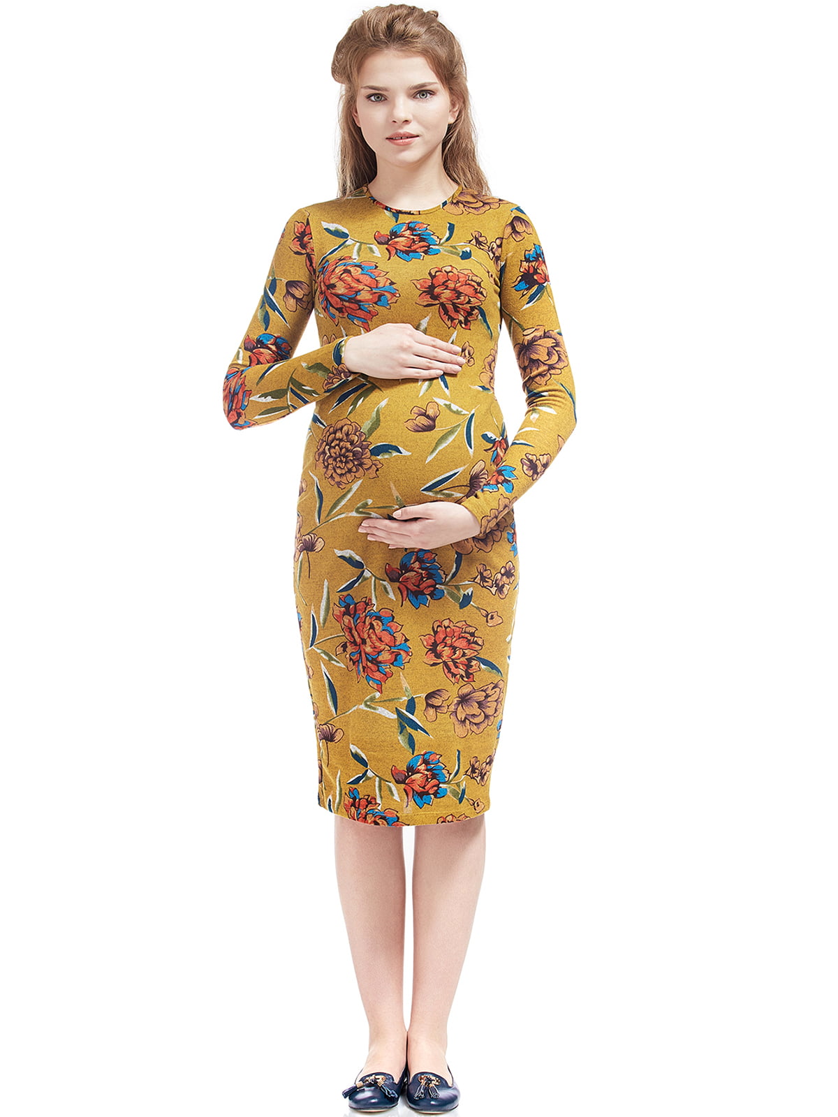 Сукня для вагітних гірчичного кольору у квітковий принт | 5770536