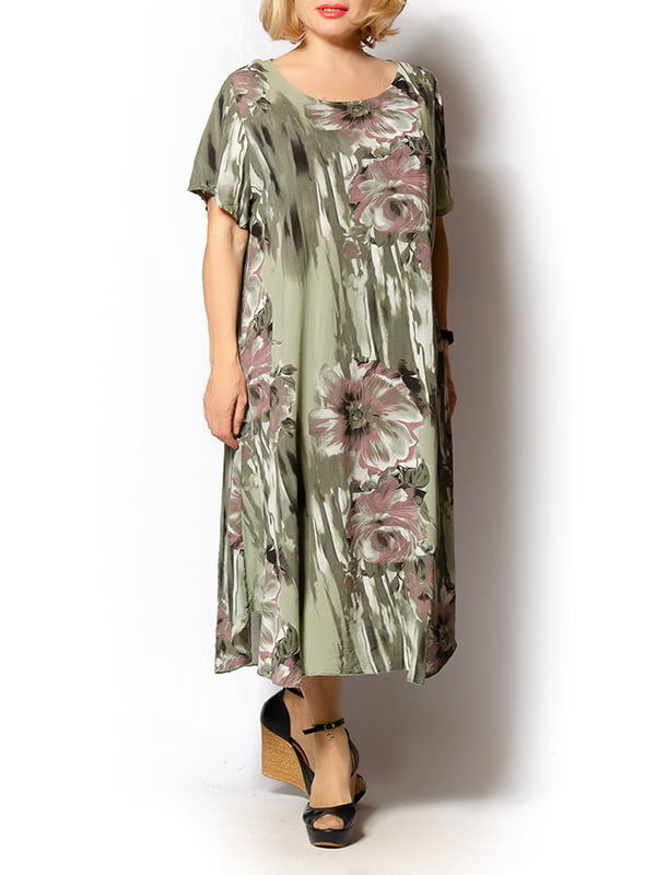 Платье оливкового цвета с цветочным принтом | 5496549