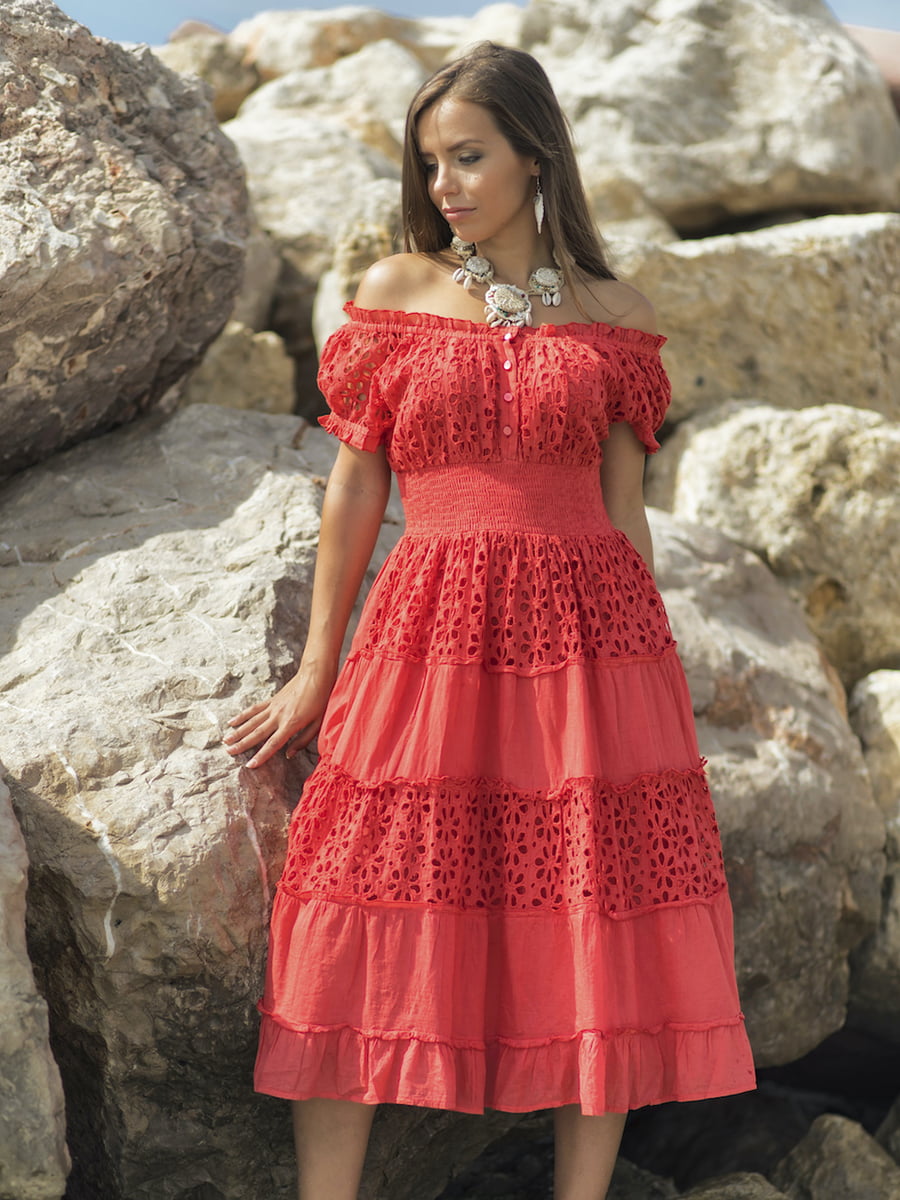 Сукня А-силуету пляжна коралового кольору з вишивкою | 5873276