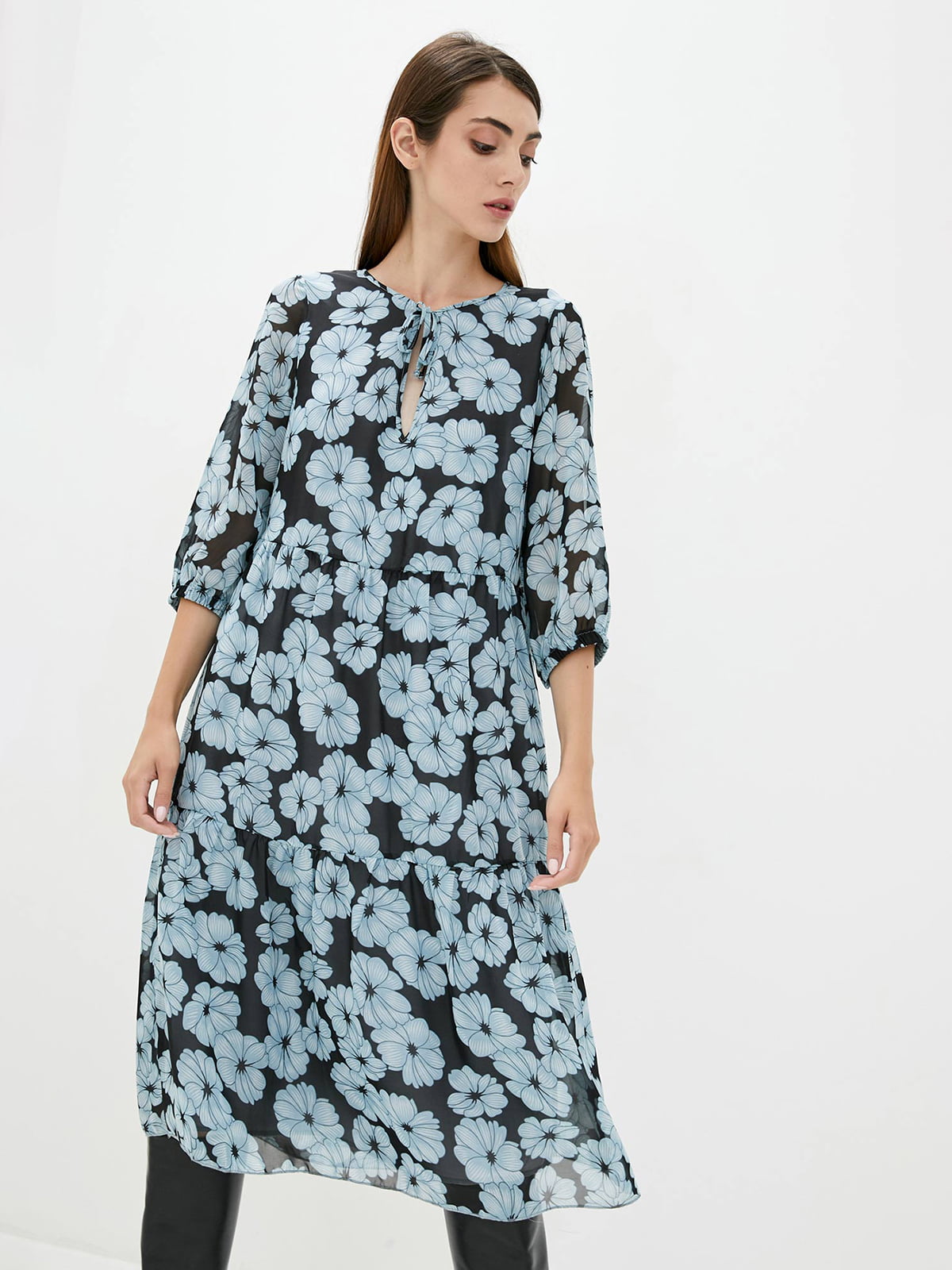 Сукня А-силуету синьо-чорна в квітковий принт | 5877046