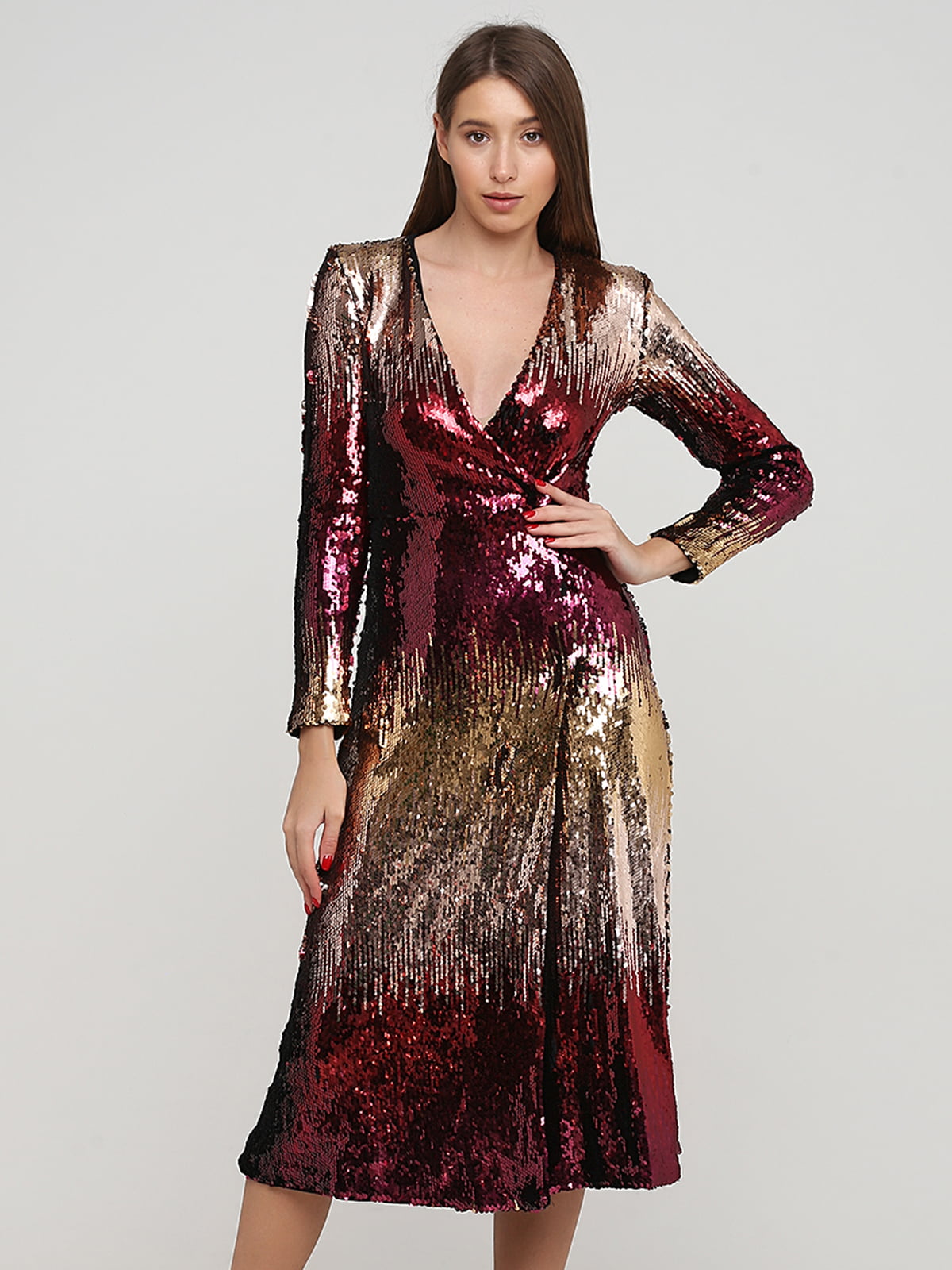 Платье бордово-золотистое, декорированное пайетками | 5898340