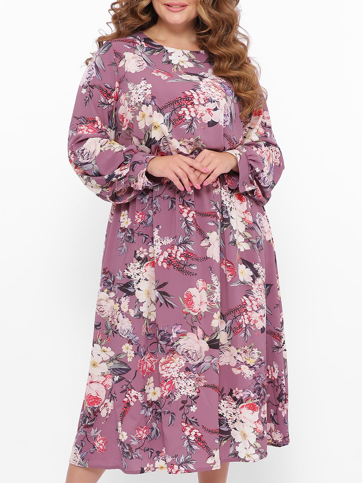 Платье А-силуэта сиреневого цвета в цветочный принт | 5919186