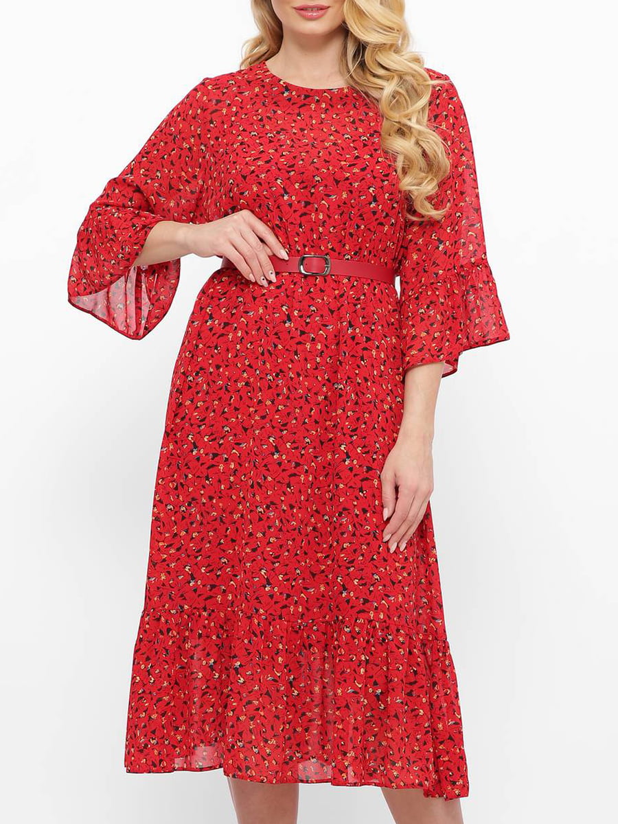Платье А-силуэта красное в цветочный принт | 5919426