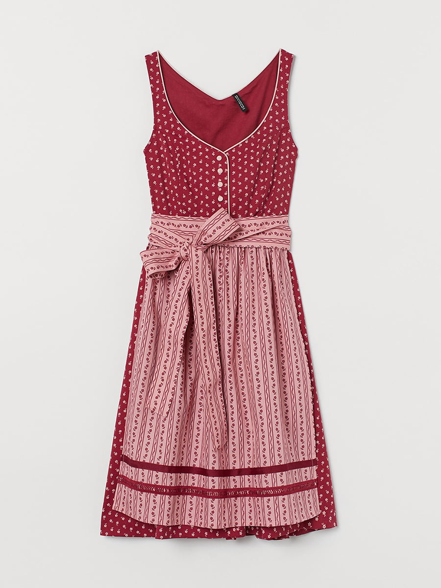 Платье А-силуэта бордово-розовое с принтом | 5923399