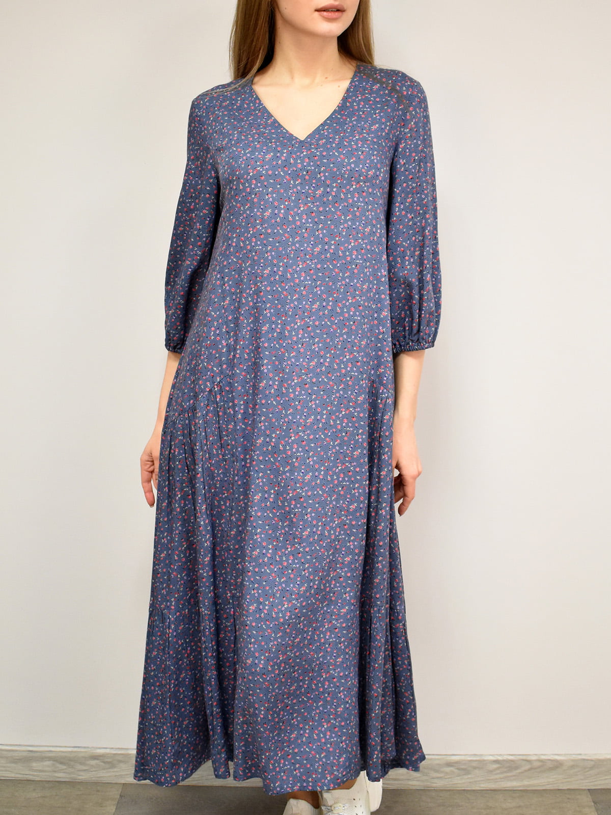Сукня А-силуету синя в квітковий принт | 5986883
