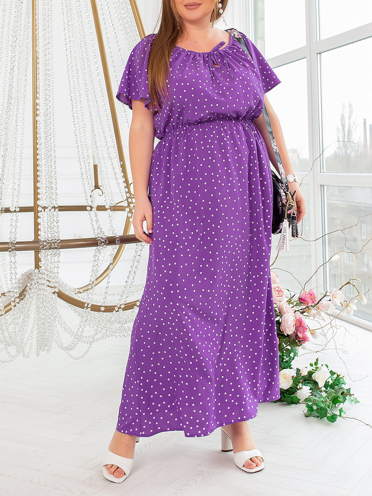 Платье А-силуэта фиолетовое в горох | 6022197
