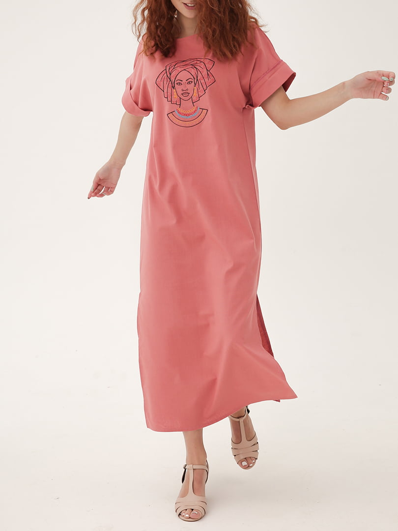 Платье коралловое с дизайнерской вышивкой «Африканка» | 6030796