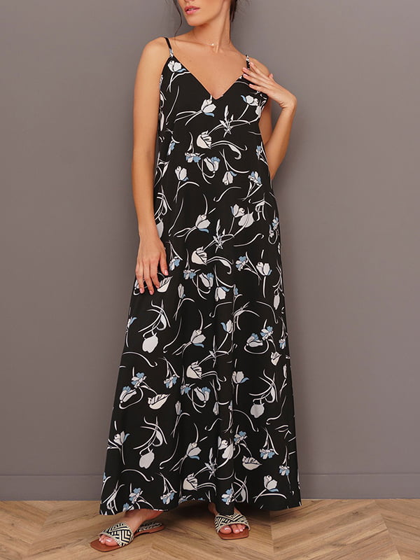 Платье А-силуэта черное с цветочным принтом | 6054649