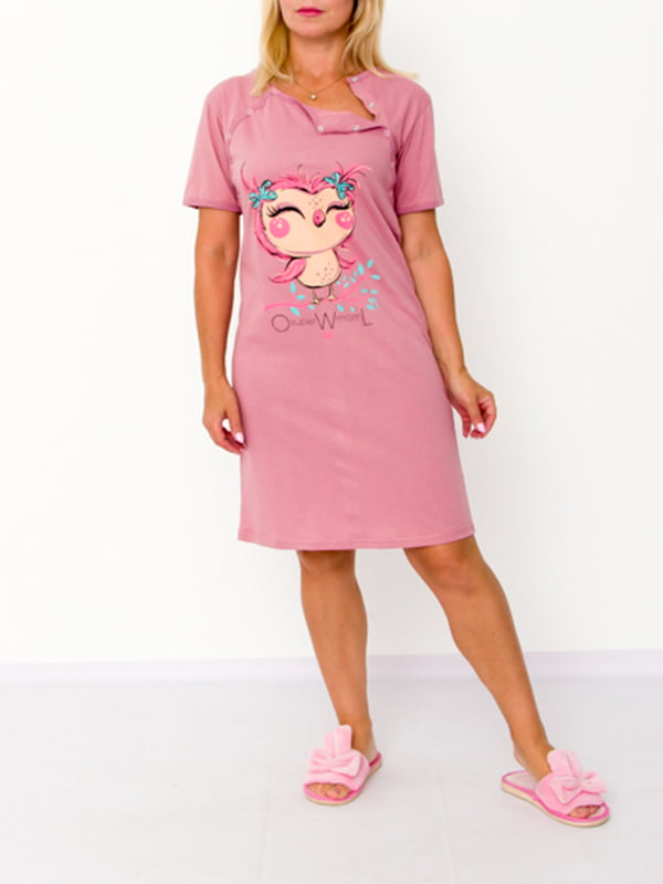 Рубашка ночная для кормящих мам розовая с принтом | 6077488