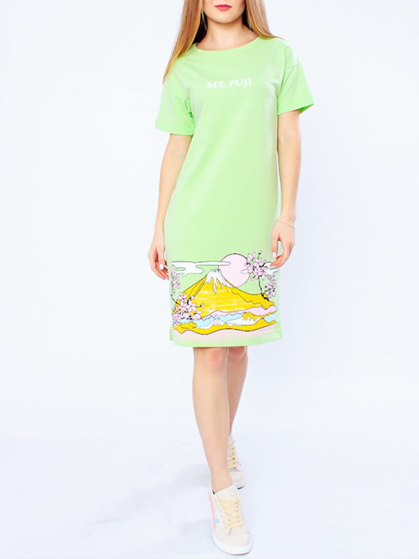 Платье-футболка салатового цвета с принтом | 6078298