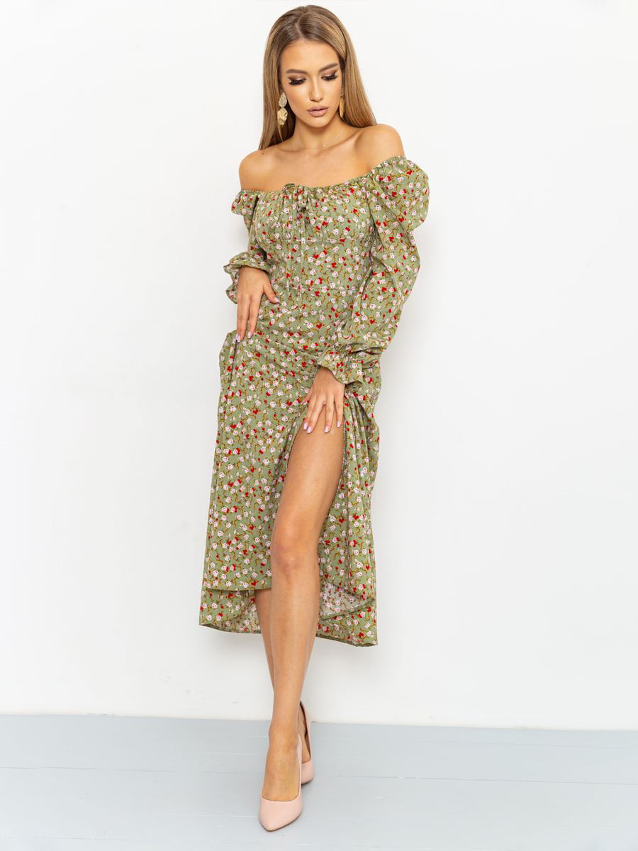 Платье А-силуэта оливкового цвета в цветочный принт | 6114670