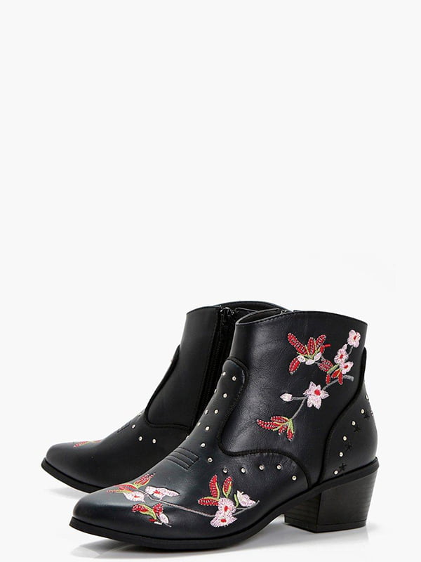 Ботинки черные с цветочной вышивкой | 6252187